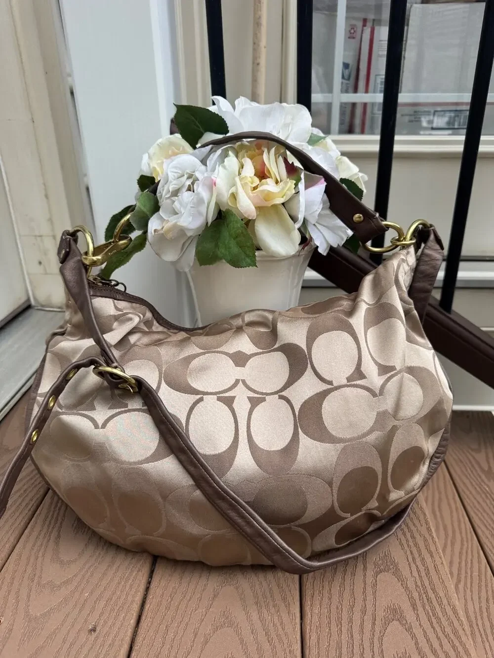COACH Sateen Beige Shimmer Large Shoulder Bag with Leather Trim 13656 (220